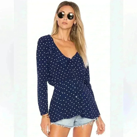 Revolve Auguste Lilly Shirt Classic Polka Dot Navy Blue Button Up Blouse Size 2 - Picture 1 of 8